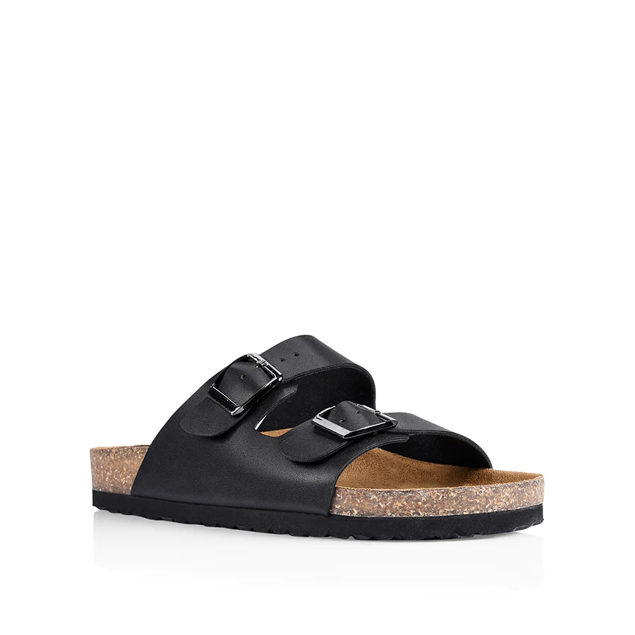 VERALI - Xylo Footbed Slides - Black Smooth | Label A