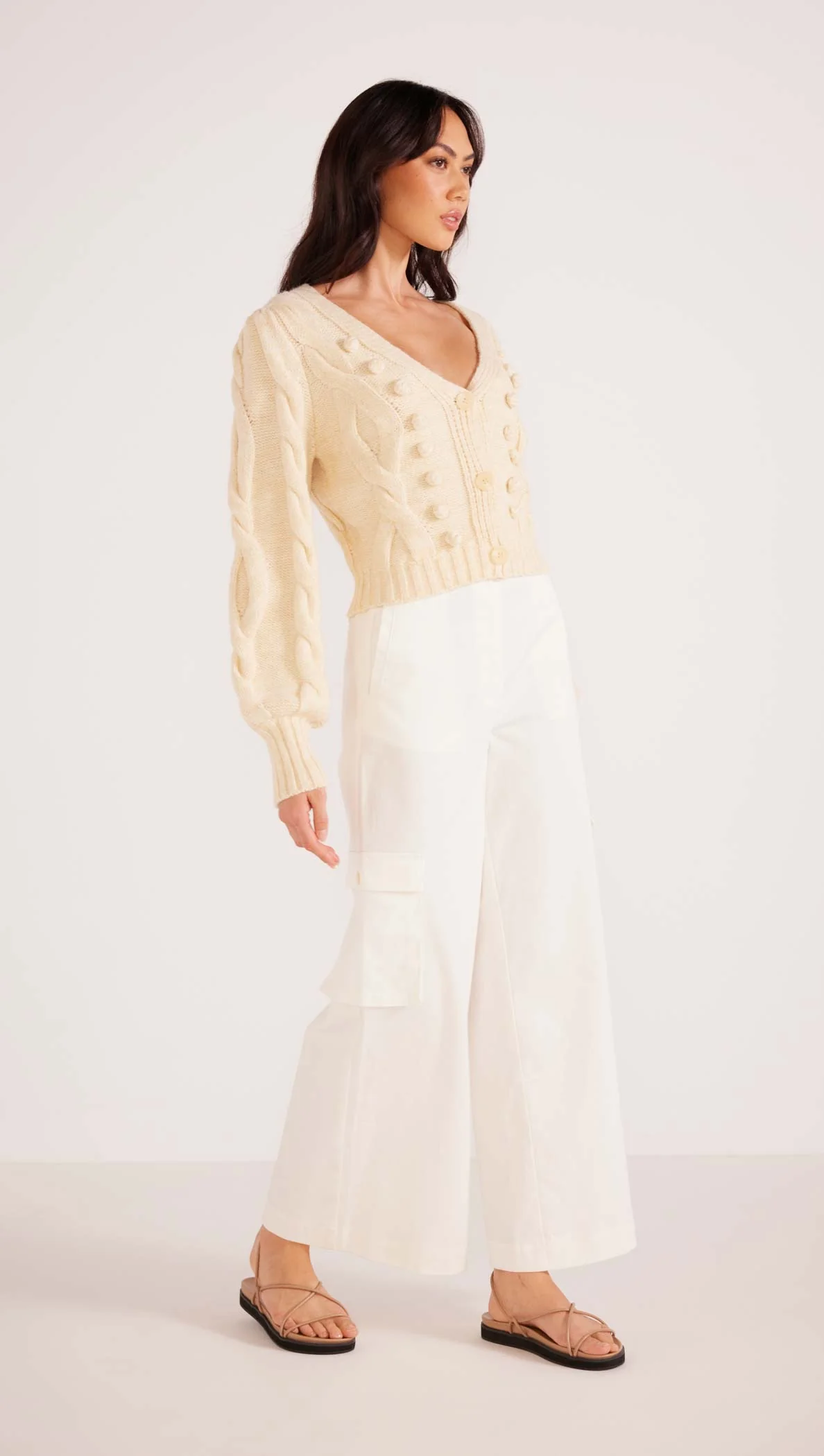 MINK PINK Myrtle Cable Knit Cardigan Cream Label A